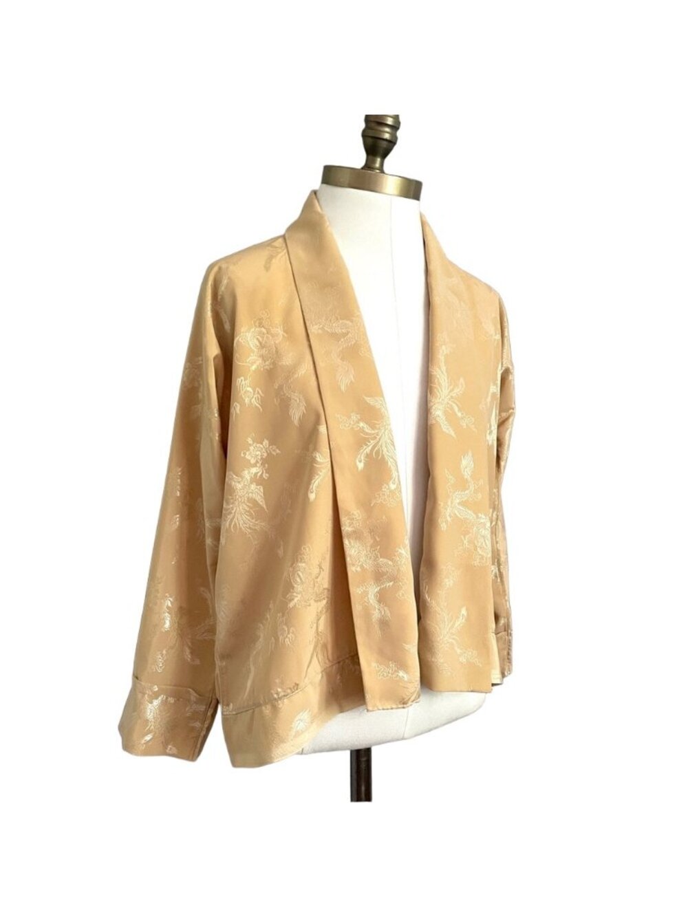 Vintage Warm Beige Silky Brocade Open Kimono Robe Jacket - Small - Picture 3 of 9